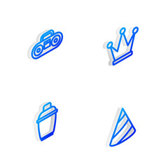 Set Isometric line Crown, Home stereo with two speakers, Cocktail shaker and Party hat icon. Vector