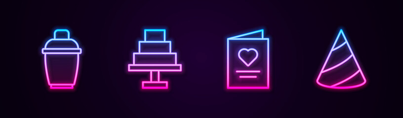 Set line Cocktail shaker, Cake, Postcard with heart and Party hat. Glowing neon icon. Vector