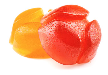 Two beautiful multi-colored marmalade candies are isolated on a white background.