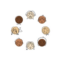 Hand drawn kids faces in line art style, modern minimalism art, bundle of smiling faces of boys and girls with different hairstyles, skin colors and ethnicities