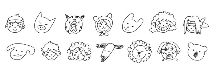 Hand drawn kids and animals faces in line art style, modern minimalism art