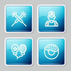 Set line Sparkler firework, Sheriff cowboy, Balloons and Donut icon. Vector