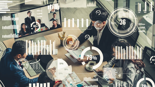 Creative visual of business people in a corporate staff meeting on video call . Concept of digital technology for marketing data analysis and investment decision making .