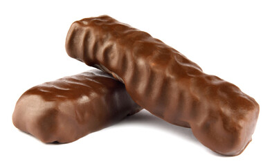 Two chocolate sticks are isolated on a white background.