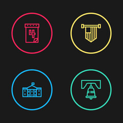 Set line United States Capitol Congress, Liberty bell in Philadelphia, American flag and Calendar with date July 4 icon. Vector