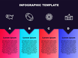 Set line USA map, American Football ball, Firework and United States Capitol Congress. Business infographic template. Vector