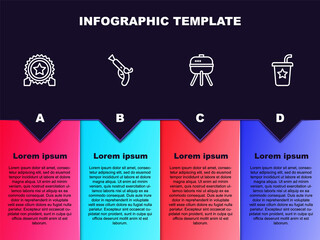 Set line Medal with star, Vintage pistols, Barbecue grill and Paper glass straw. Business infographic template. Vector