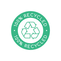 Green 100% recycled sign, stamp or logo. Recyclable material symbol. Eco friendly concept. Recycle icon arrows in a circle. Recycled product label. Zero waste idea. Vector illustration, flat, clip art