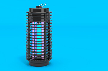 Lamp mosquito electric insect killer, lantern on blue backdrop, 3D rendering