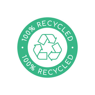 Green 100% recycled sign, stamp or logo. Recyclable material symbol. Eco friendly concept. Recycle icon arrows in a circle. Recycled product label. Zero waste idea. Vector illustration, flat, clip art