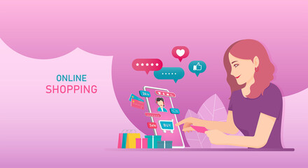 Online shopping on website E-commerce or mobile phone applications vector concepts and digital marketing. The woman is shopping on a mobile phone.