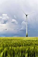Barley field with wind turbines and a storm front. High quality photo