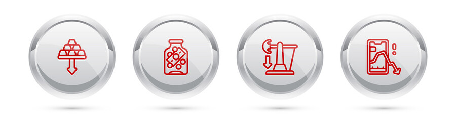 Set line Gold bars, Glass money jar with coin, Drop crude oil price and Mobile stock trading. Silver circle button. Vector
