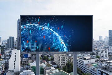 World planet Earth map hologram and social media icons on billboard over panorama city view of Bangkok, Southeast Asia. The concept of people networking and connections.