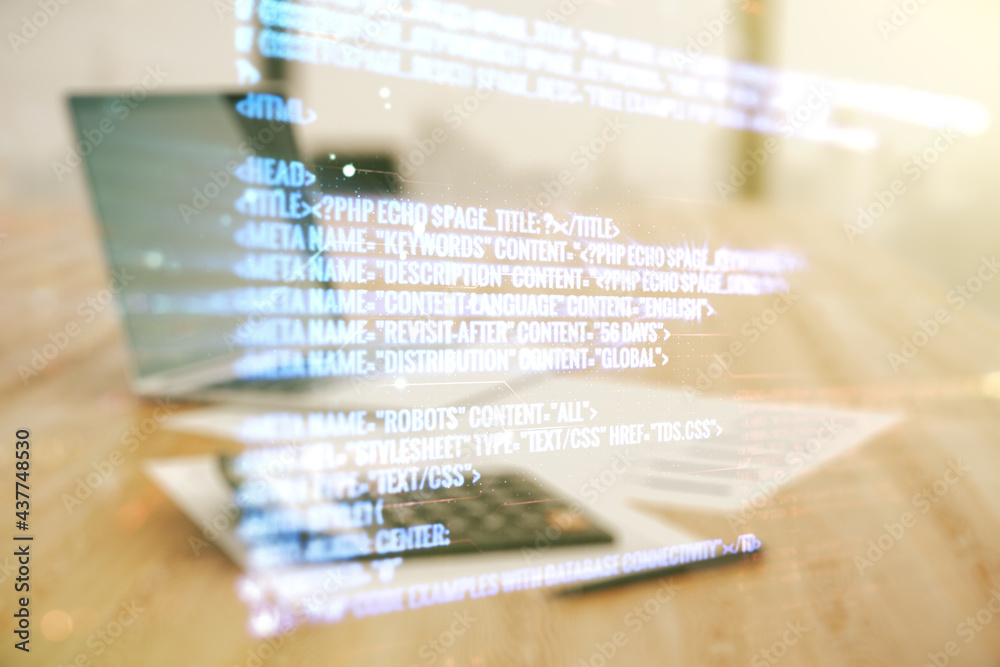 Poster multi exposure of abstract programming language hologram on calculator and pc background, artificial