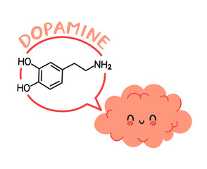 Cute funny human brain organ character and dopamine formula in speech bubble. Vector hand drawn cartoon kawaii character illustration icon. Brain chemistry, dodamine cartoon character concept
