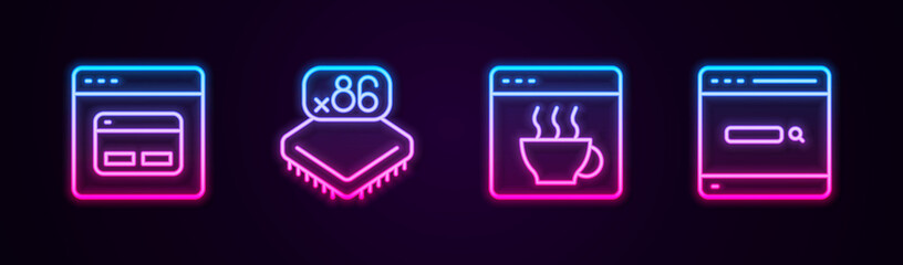 Set line Search engine, Processor with microcircuits CPU, Software and . Glowing neon icon. Vector
