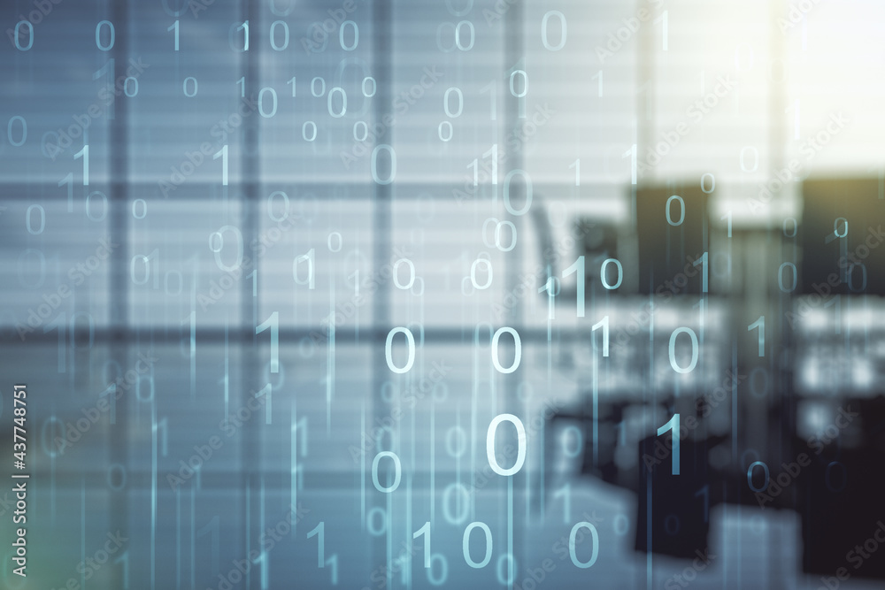 Poster abstract virtual binary code illustration on a modern conference room background. big data and codin