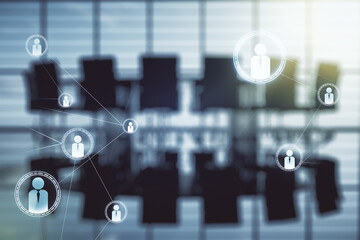 Abstract virtual social network hologram on a modern coworking room background. Double exposure