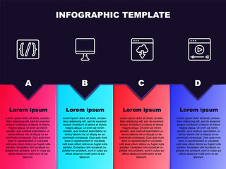Set line Programming language syntax, Computer monitor screen, Cloud technology data transfer and Online play video. Business infographic template. Vector