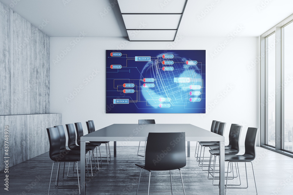 Poster abstract creative coding illustration with world map on tv display in a modern presentation room, in