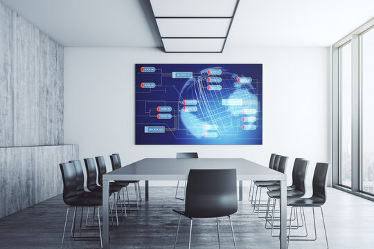 Abstract creative coding illustration with world map on tv display in a modern presentation room, international software development concept. 3D Rendering