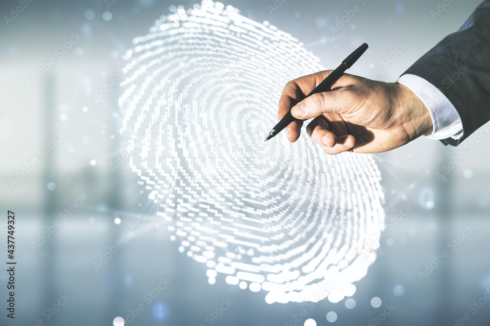 Aufkleber multi exposure of developer's hand with pen working with virtual graphic fingerprint sketch on blurr