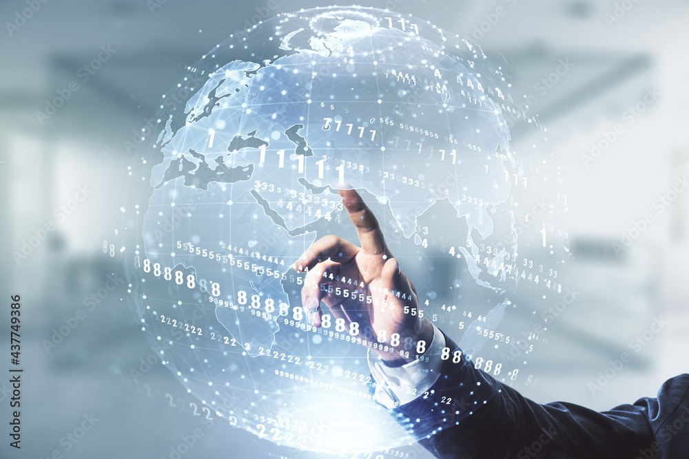 Poster man hand working with abstract virtual coding concept and world map on blurred office background. mu