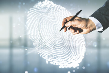 Multi exposure of developer's hand with pen working with virtual graphic fingerprint sketch on blurred office background, fingerprint scan data concept