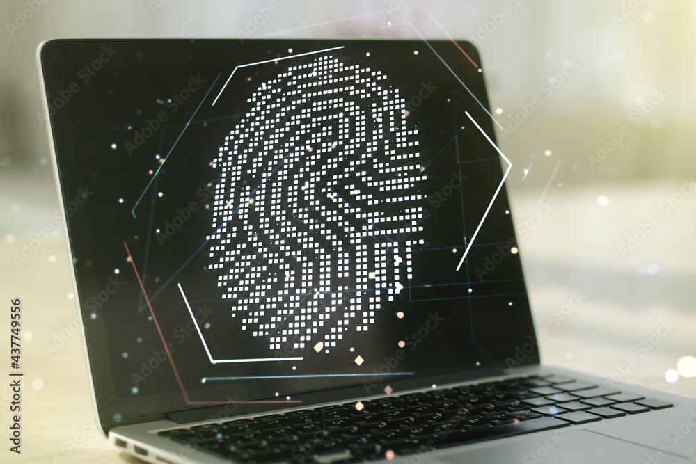 Poster Abstract creative fingerprint illustration on modern computer background, personal biometric data concept. Multiexposure