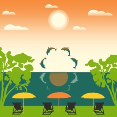 Tropical beach with chairs and umbrellas with ocean view and jumping dolphins, orange sky flat illustration 
