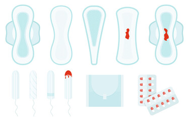 Female menstrual cycle, flat icon set. Pads, tampons, menstrual cup, period calendar, pills and other feminine hygiene items. The female menstrual cycle. Vector illustration