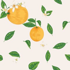 Seamless Mandarin with Mandarin Leaves and Flower Pattern for Fabric Prints, Wallpapers and Background