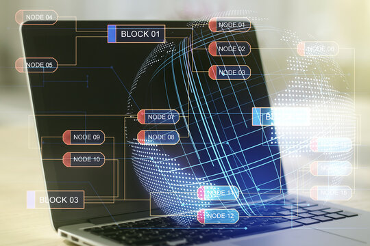 Abstract creative coding concept with world map on modern laptop background. Multiexposure