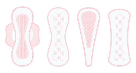 Feminine hygienic pads. Set of vector icons isolated on white background. Feminine sanitary pads of various sizes. Personal hygiene items in flat style.