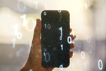 Creative abstract binary code sketch and hand with cellphone on background, hacking and matrix...