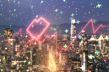 Obraz premium Double exposure of abstract virtual heart rate hologram on San Francisco city skyscrapers background. Healthcare technolody concept