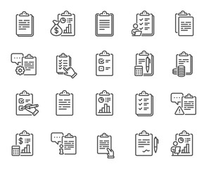 Checklist documents line icons. Agreement info, Clipboard manager, Accounting Report. Medical schedule, Document list and Voting checklist line icons. Data calculation, Contract document. Vector