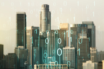 Abstract virtual binary code hologram on Los Angeles cityscape background, AI and machine learning concept. Multiexposure