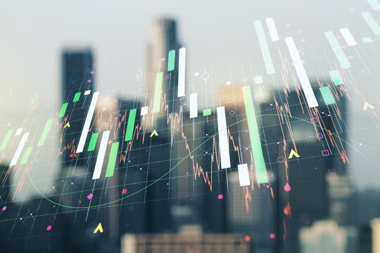 Double exposure of virtual creative financial diagram on blurry office buildings background, banking and accounting concept