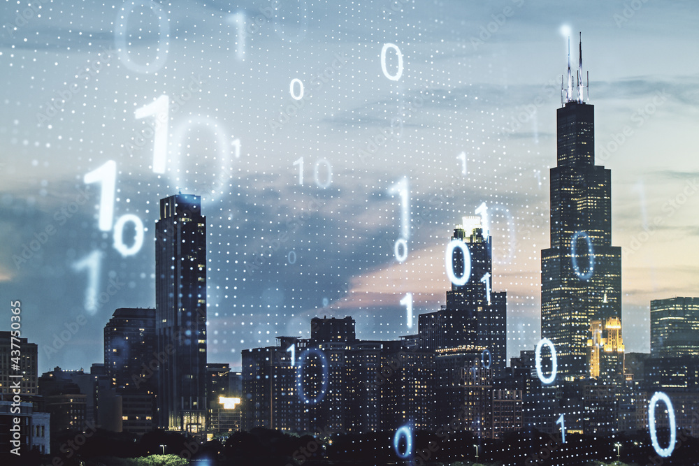Poster double exposure of abstract virtual binary code hologram on chicago city skyscrapers background. dat