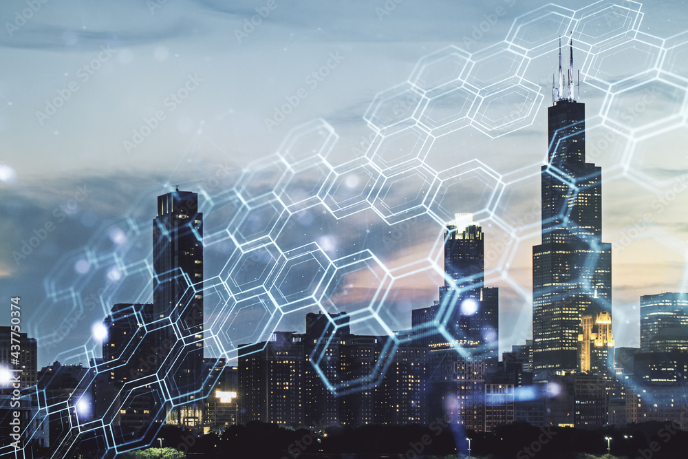 Poster abstract virtual wireless technology hologram with hexagon on chicago skyline background. big data a