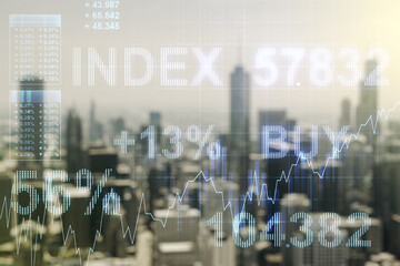 Double exposure of abstract creative financial chart hologram on blurry cityscape background, research and strategy concept