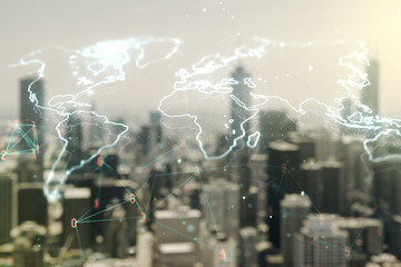 Multi exposure of abstract creative digital world map hologram on blurry skyline background, tourism and traveling concept