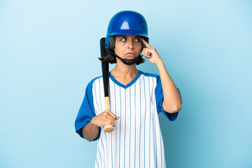 Baseball mixed race player woman with helmet and bat isolated on blue background having doubts and...