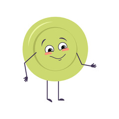 Cute plate character with joy emotions, smile face, happy eyes, arms and legs. A mischievous dishes for a cafe. Vector flat illustration