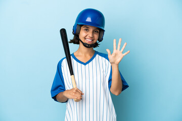 Baseball mixed race player woman with helmet and bat isolated on blue background counting five with fingers