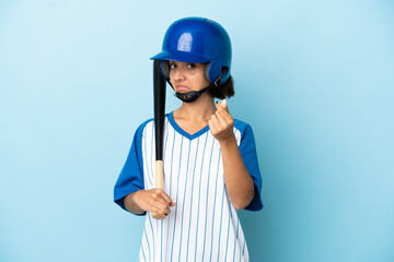 Baseball mixed race player woman with helmet and bat isolated on blue background making money gesture