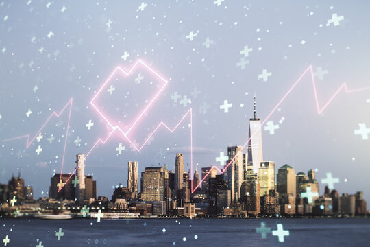 Double exposure of abstract virtual heart rate hologram on New York city skyscrapers background. Healthcare technolody concept