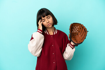 Young mixed race player woman with baseball glove isolated on blue background with headache